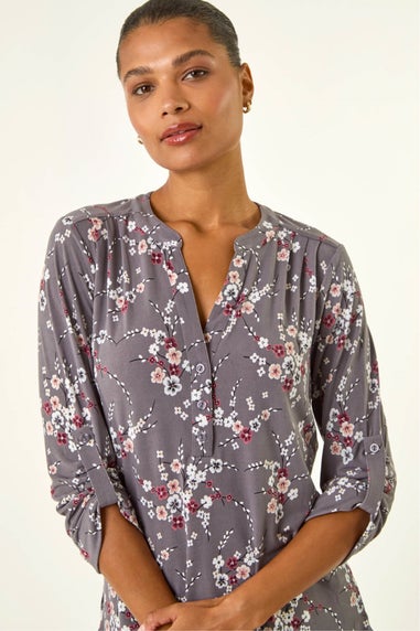 Roman Grey Floral Puff Print Stretch Shirt
