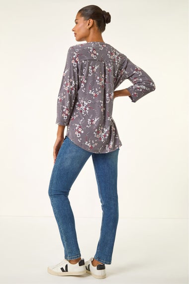 Roman Grey Floral Puff Print Stretch Shirt