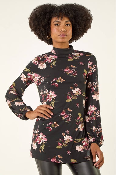 Roman Black Floral High Neck Tunic Top