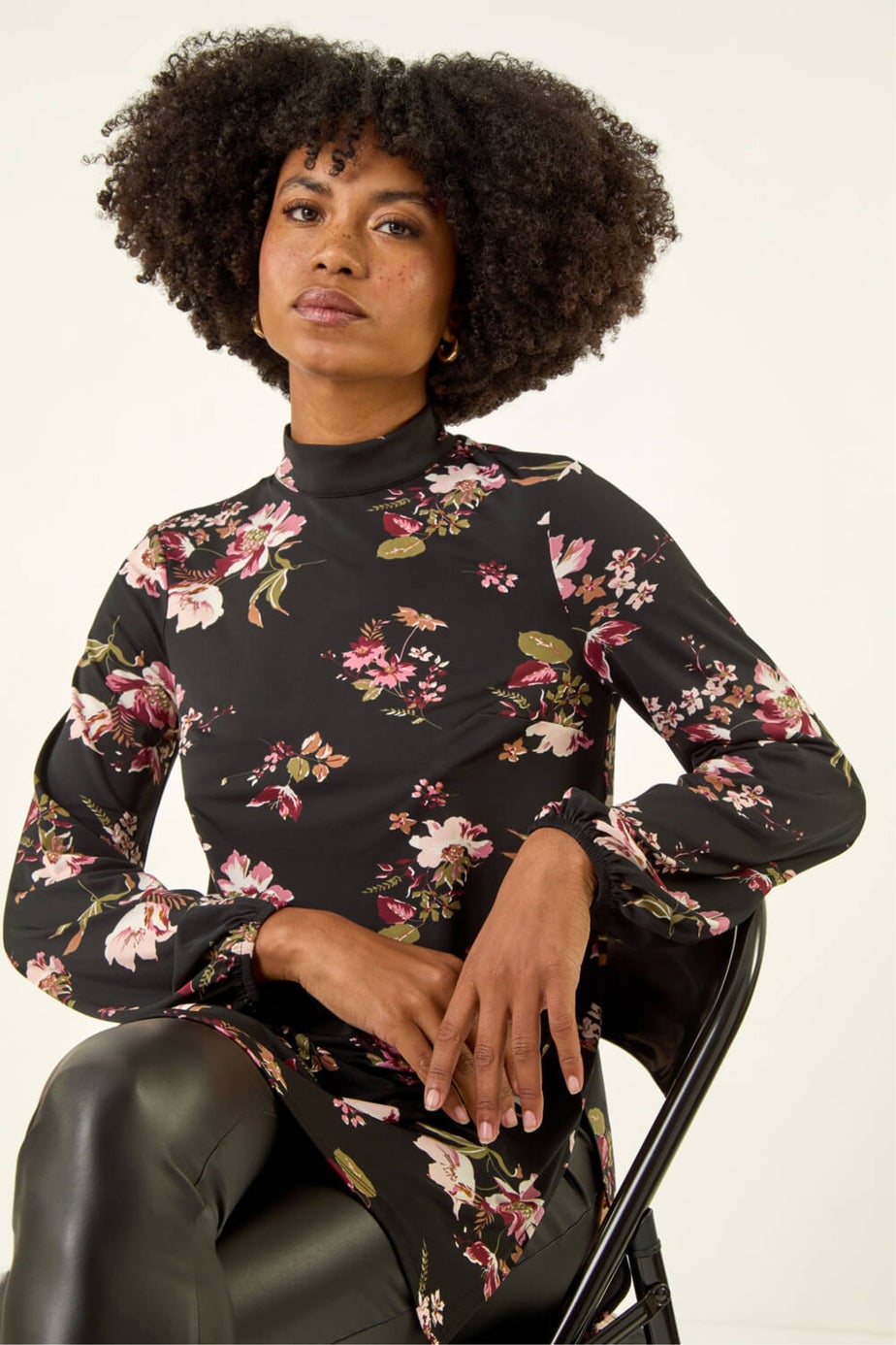 Roman Black Floral High Neck Tunic Top