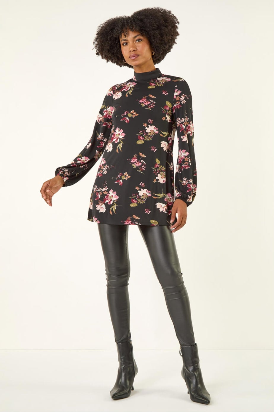 Roman Black Floral High Neck Tunic Top