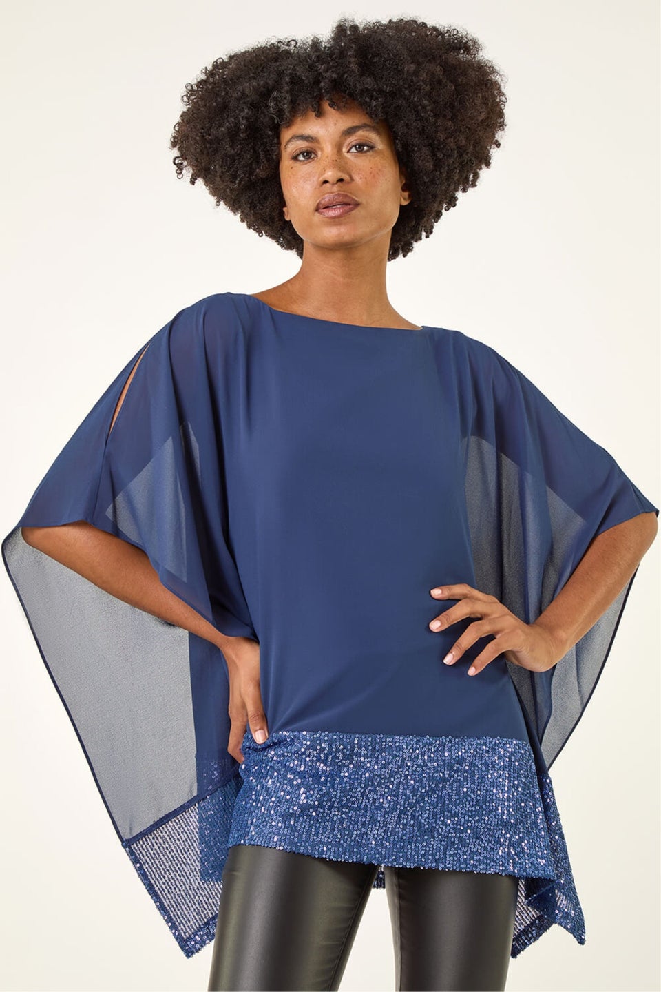 Roman Blue Sequin Hem Contrast Tunic Top
