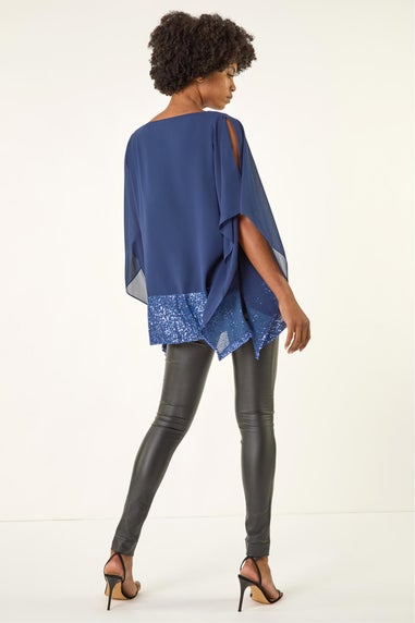 Roman Blue Sequin Hem Contrast Tunic Top
