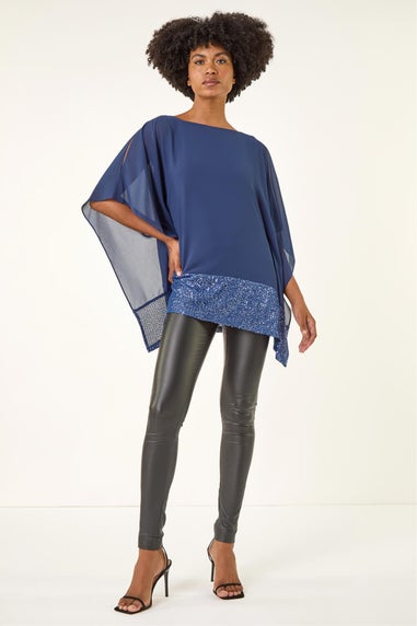 Roman Blue Sequin Hem Contrast Tunic Top