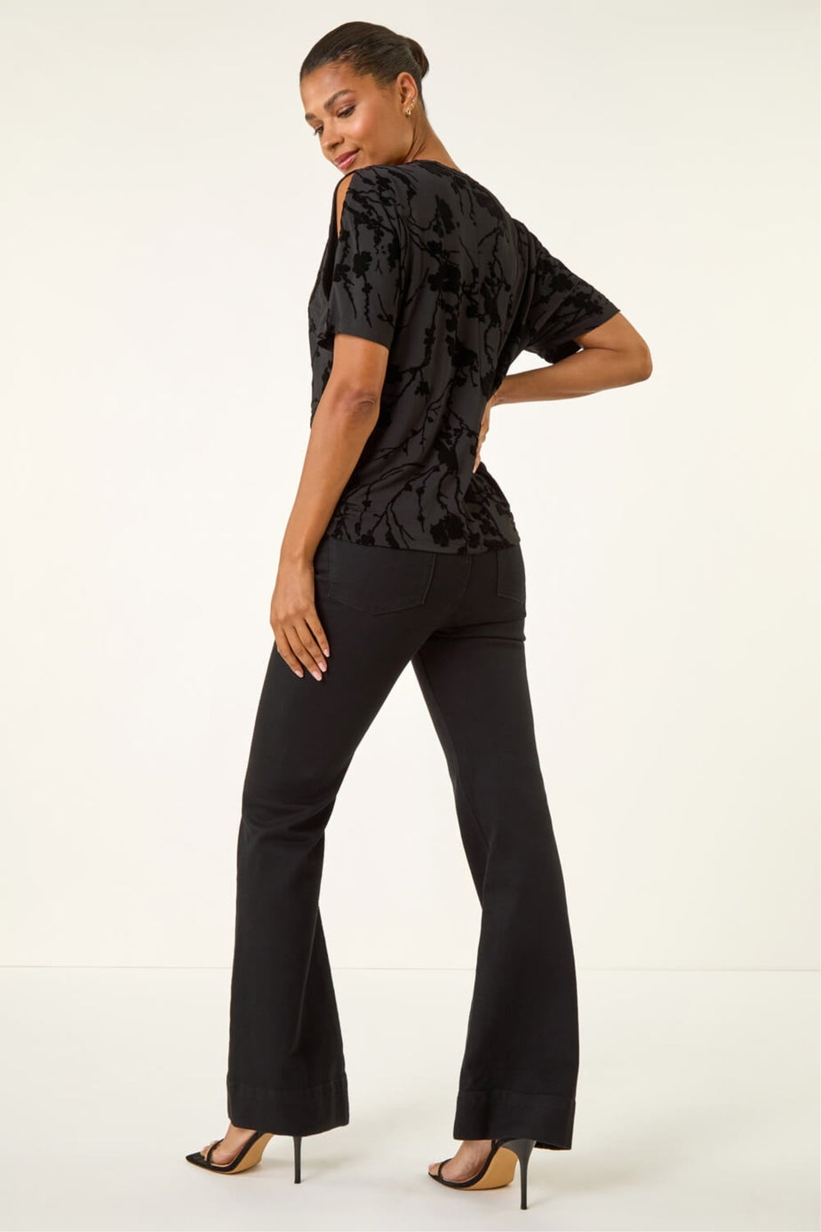Roman Black Floral Flocked Stretch Top