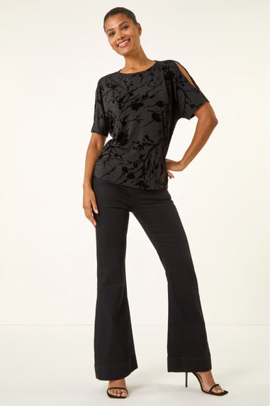 Roman Black Floral Flocked Stretch Top