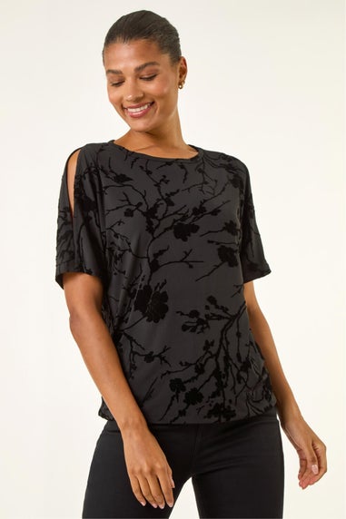 Roman Black Floral Flocked Stretch Top