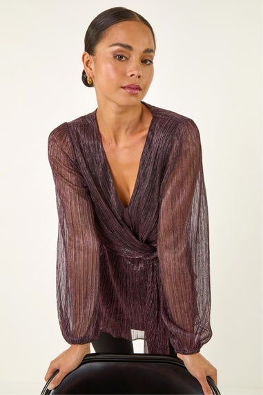 Roman Pink Petite Shimmer Twist Stretch Top