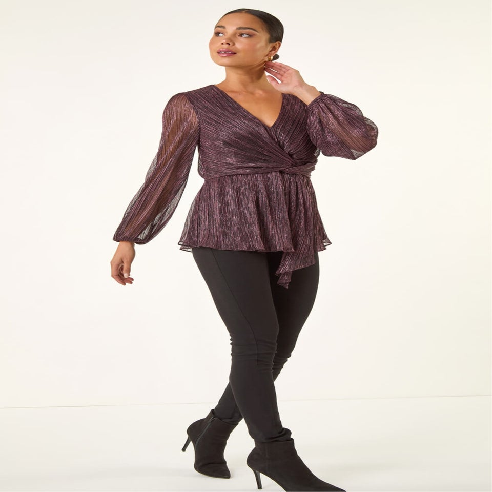 Roman Pink Petite Shimmer Twist Stretch Top