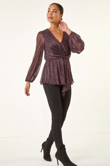 Roman Pink Petite Shimmer Twist Stretch Top