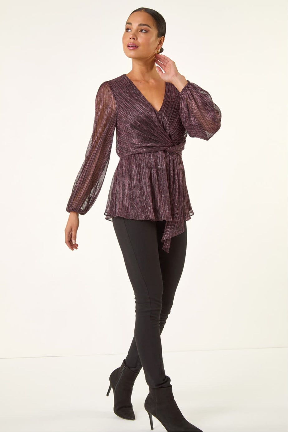 Roman Pink Petite Shimmer Twist Stretch Top