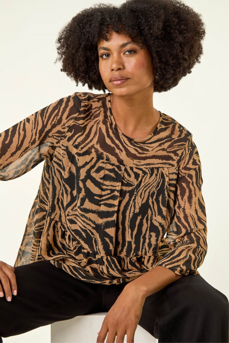 Roman Tan Animal Print Tiered Top