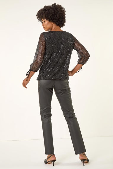 Roman Black Sequin Mesh Blouson Top