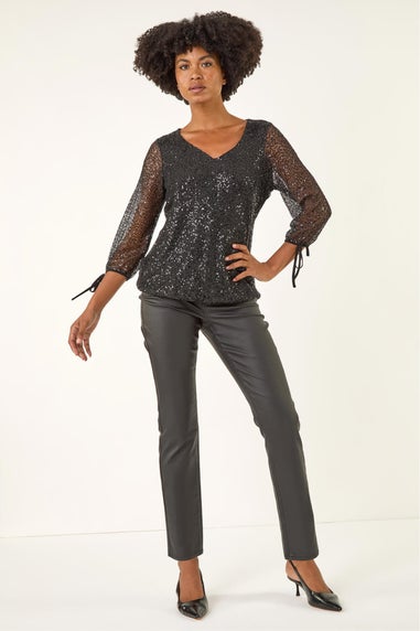 Roman Black Sequin Mesh Blouson Top