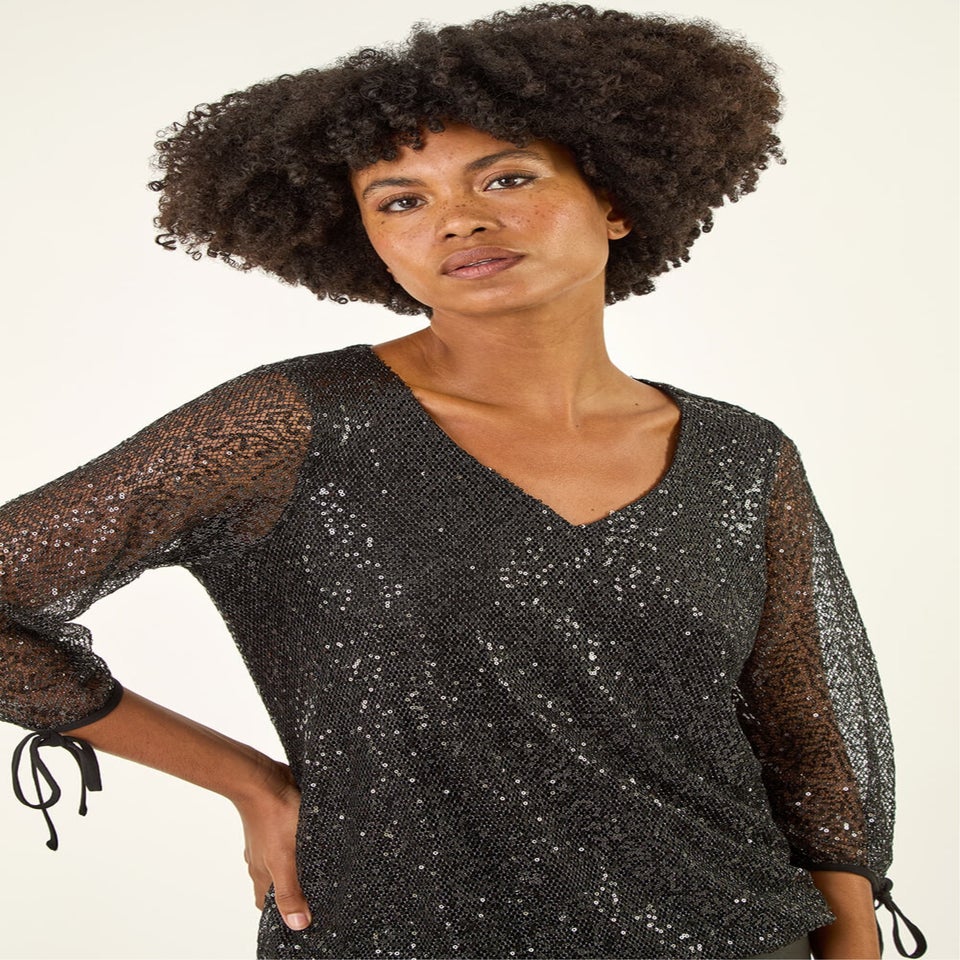 Roman Black Sequin Mesh Blouson Top