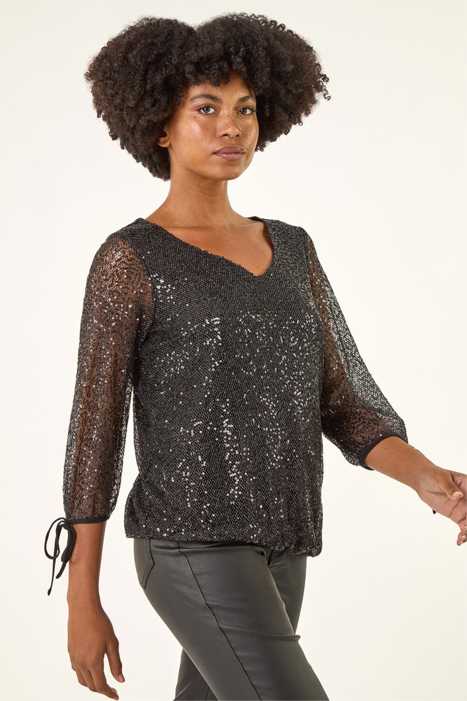 Roman Black Sequin Mesh Blouson Top