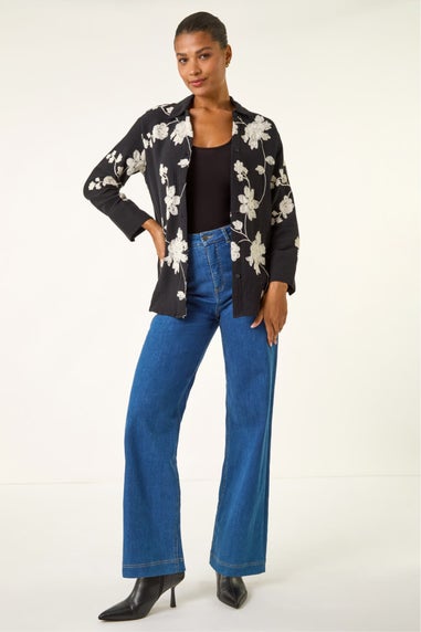 Roman Black Floral Embroidered Collared Shirt