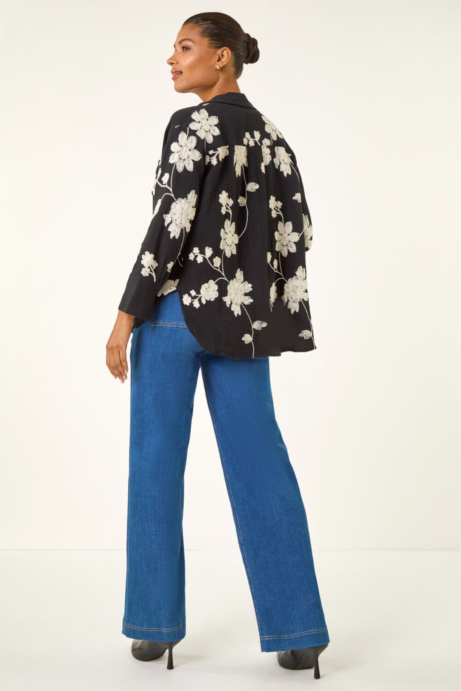 Roman Black Floral Embroidered Collared Shirt