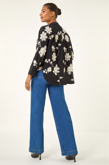 Roman Black Floral Embroidered Collared Shirt