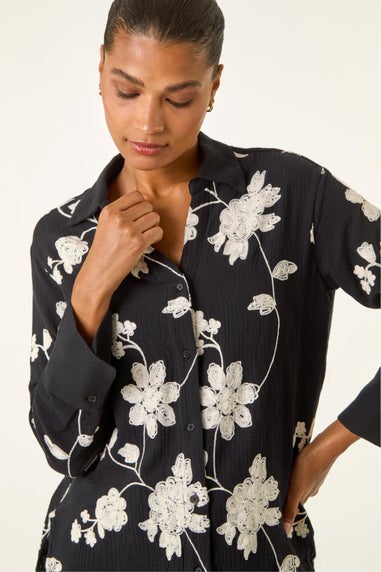 Roman Black Floral Embroidered Collared Shirt