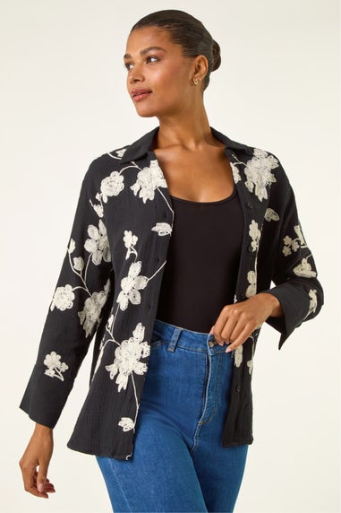 Roman Black Floral Embroidered Collared Shirt