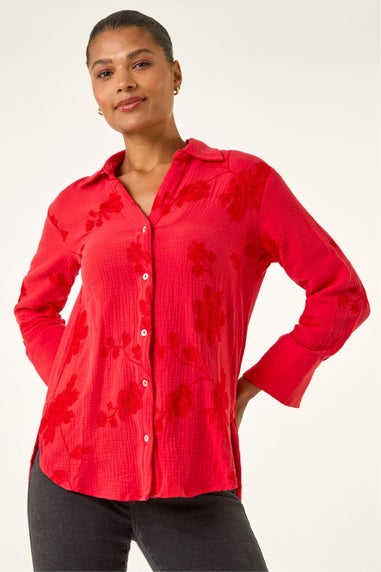 Roman Red Floral Embroidered Collared Shirt