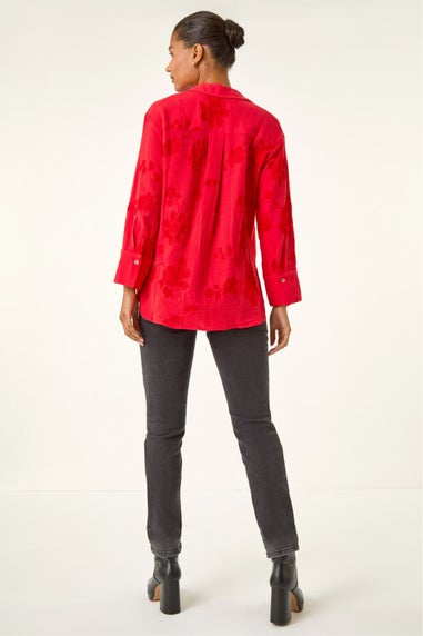 Roman Red Floral Embroidered Collared Shirt