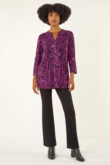 Roman Magenta Paisley Print V-Neck Stretch Top