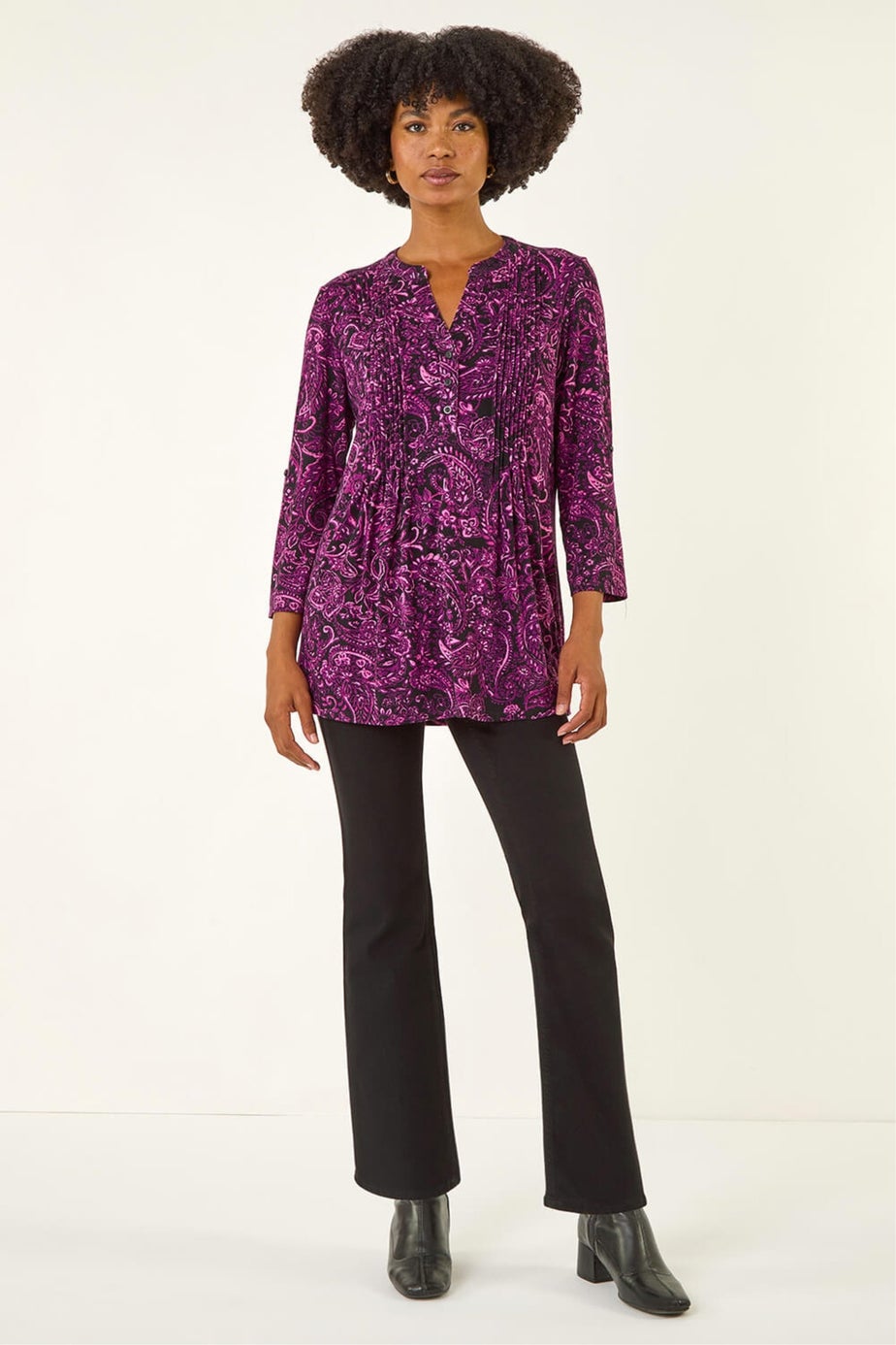 Roman Magenta Paisley Print V-Neck Stretch Top