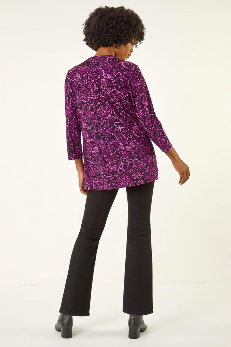 Roman Magenta Paisley Print V-Neck Stretch Top