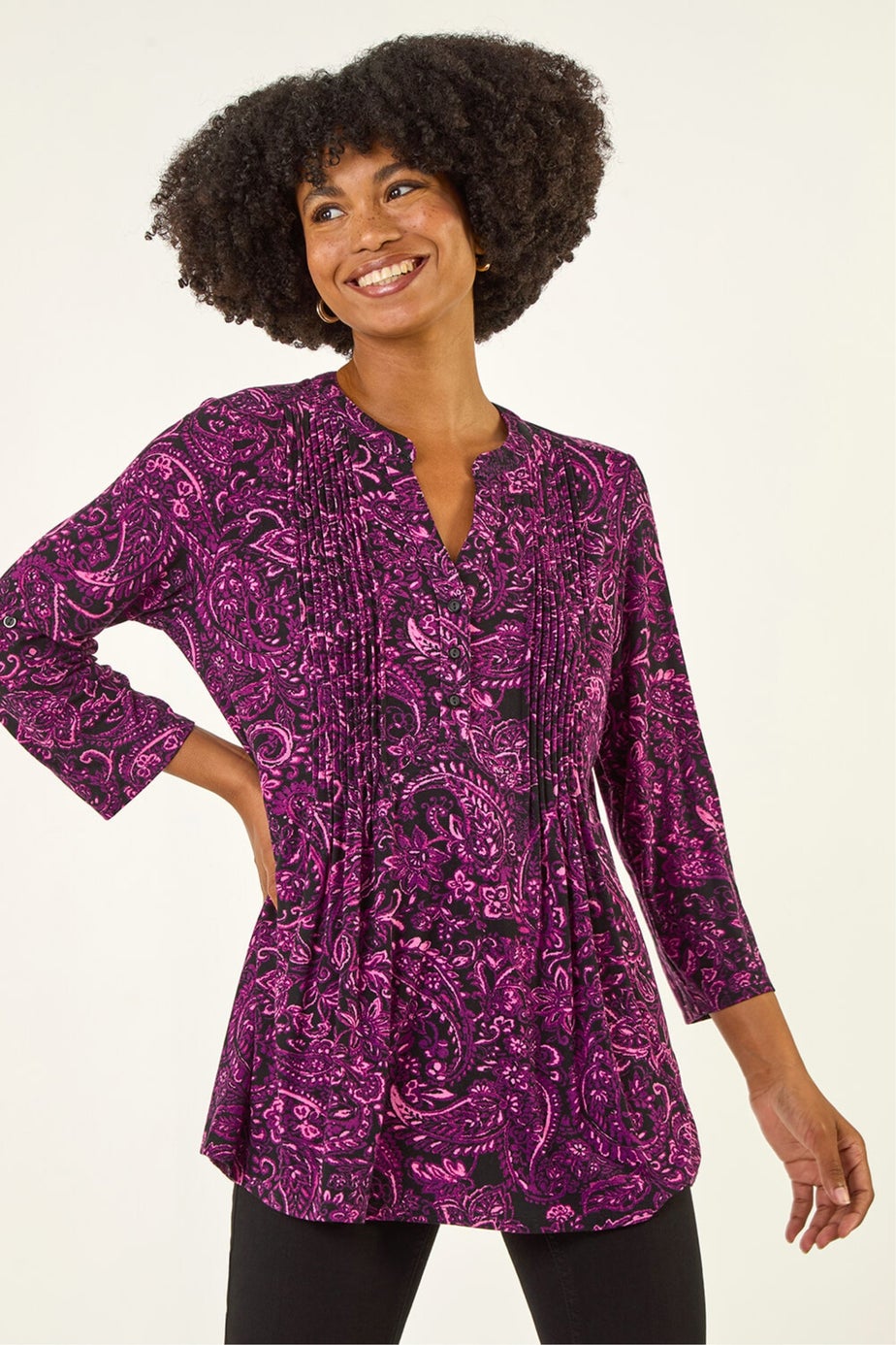 Roman Magenta Paisley Print V-Neck Stretch Top