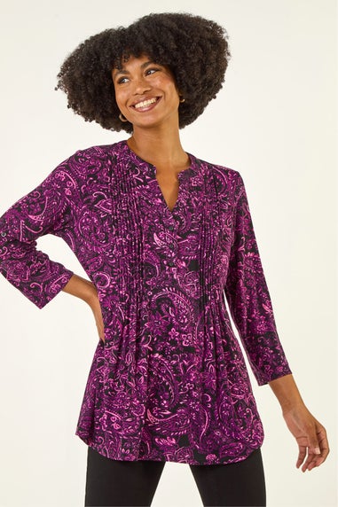 Roman Magenta Paisley Print V-Neck Stretch Top