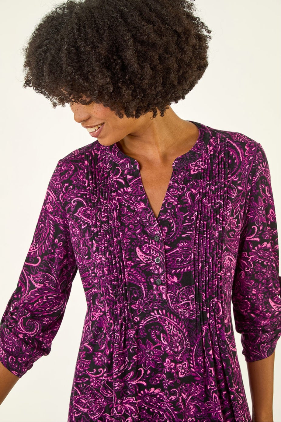 Roman Magenta Paisley Print V-Neck Stretch Top