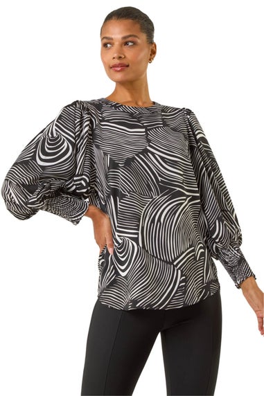 Roman Black Linear Abstract Print Top