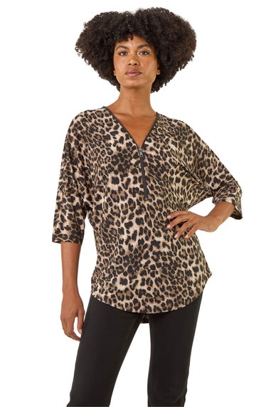 Roman Tan Animal Print Zip Front Stretch Top