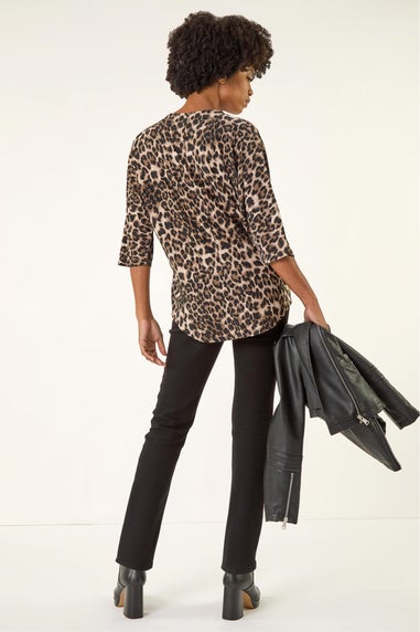 Roman Tan Animal Print Zip Front Stretch Top