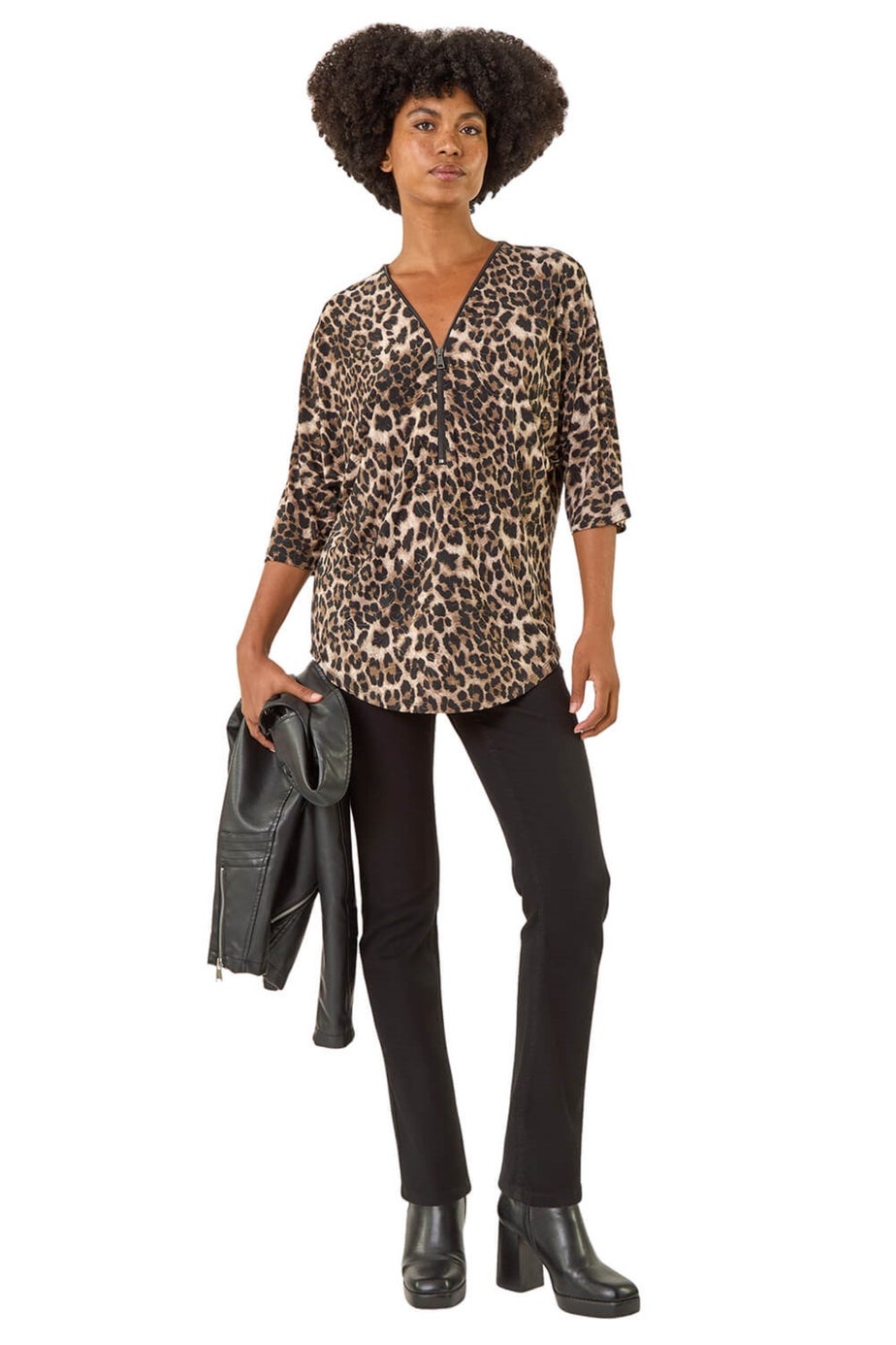 Roman Tan Animal Print Zip Front Stretch Top