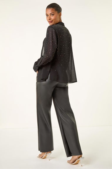 Roman Black Diamante Hotfix Button Blouse