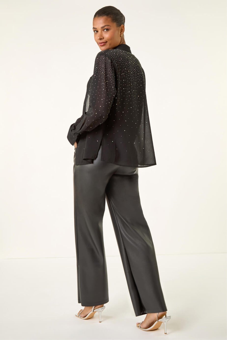 Roman Black Diamante Hotfix Button Blouse