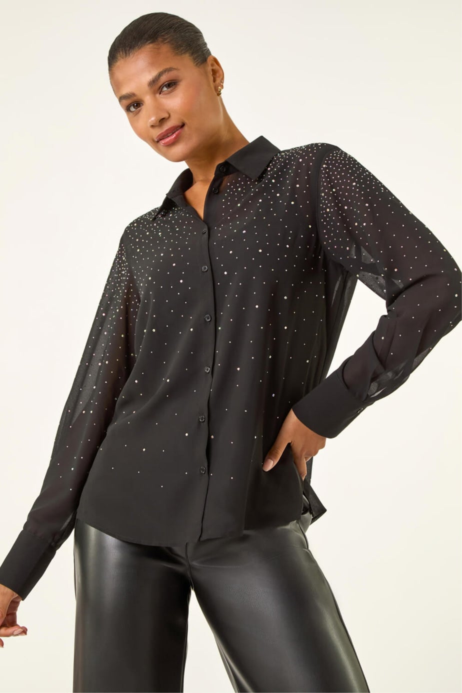 Roman Black Diamante Hotfix Button Blouse