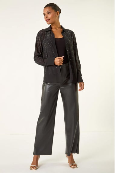Roman Black Diamante Hotfix Button Blouse