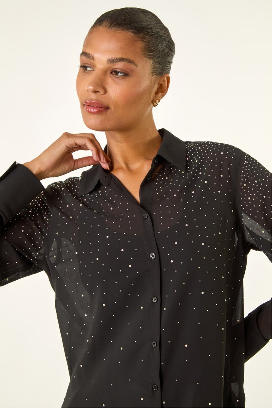 Roman Black Diamante Hotfix Button Blouse