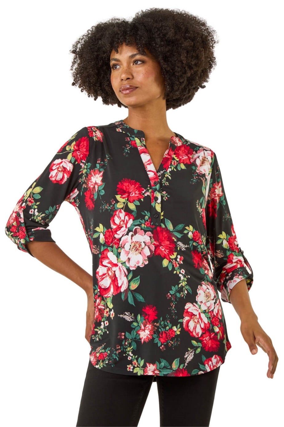 Roman Red Floral Print Stretch Shirt