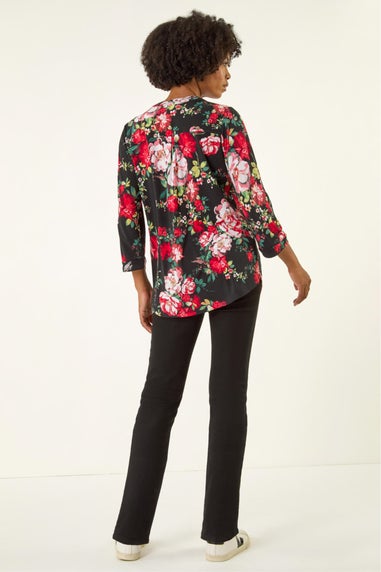 Roman Red Floral Print Stretch Shirt