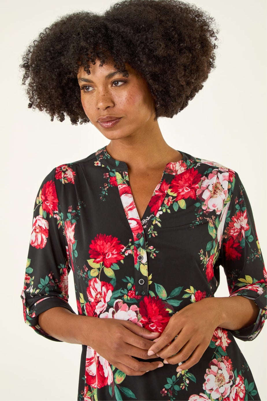 Roman Red Floral Print Stretch Shirt