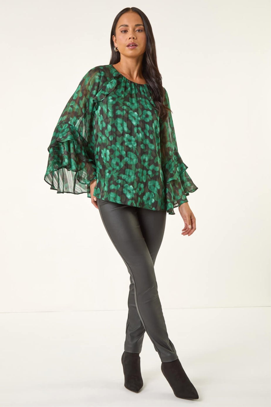 Roman Green Petite Spot Frill Sleeve Top