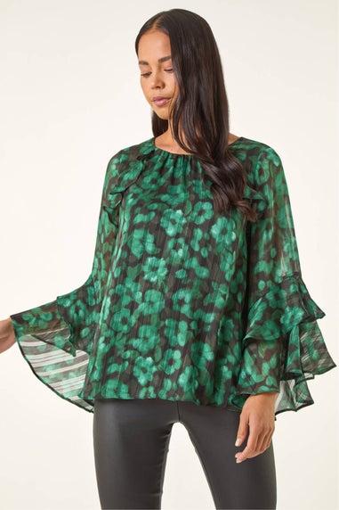 Roman Green Petite Spot Frill Sleeve Top