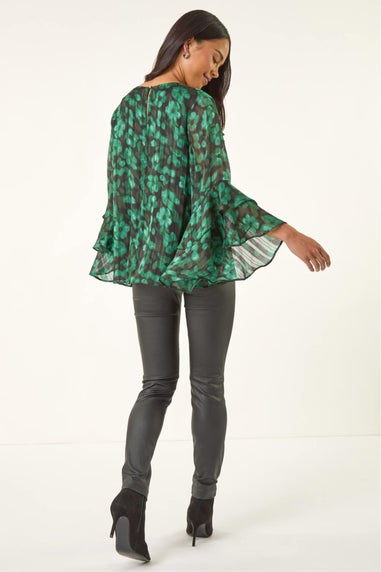 Roman Green Petite Spot Frill Sleeve Top