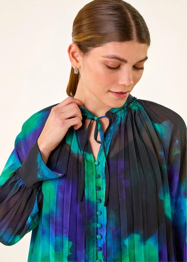 Roman Blue Watercolour Tie Neck Pleated Blouse