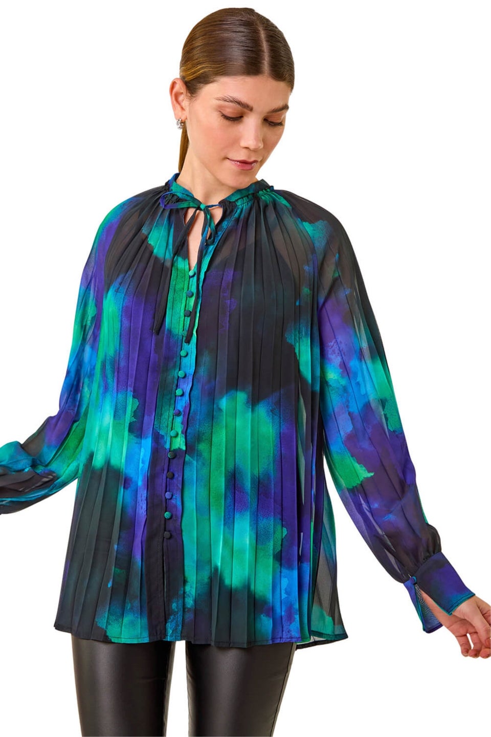 Roman Blue Watercolour Tie Neck Pleated Blouse